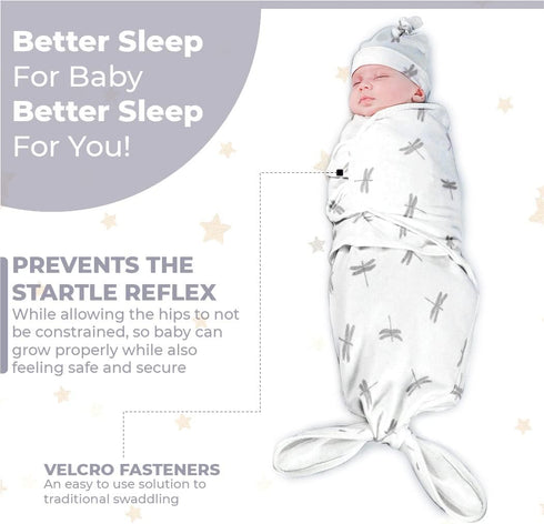 Set 3, (0-3m, 7-14lbs Jam Naturals- Organic Knotted Tie Bottom Adjustable Velcro Swaddle and Hat of Newborn Sleep Sack