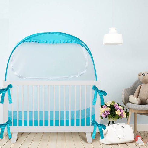 L RUNNZER Baby Pop Up Tent, Toddler Safety Net to Keep Baby from Climbing Out, See-Through & Breathable Crib Canopy