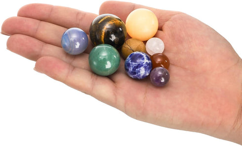 ZENFUN Nine Planets in Solar System with Wooden Stand, Natural Gemstones Sphere Solar System Model Kit, Planet Marbles