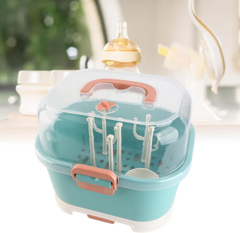 Compact Green Baby Bottle Drying Rack with Cover - Perfect for Home & Travel