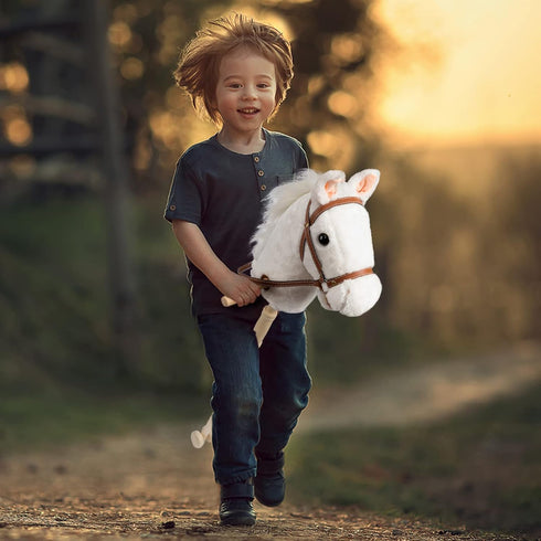 HollyHOME Stick Horse Plush Handcrafted Hobby Horse with Wood Wheels, Neighing and Galloping Sounds, White, 36 Inches