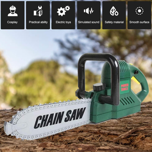 Set Kids Electric Chainsaw Toy Tool Pretend Play with Safety Goggles, Work Gloves | Rotating Chain and Realistic Sound