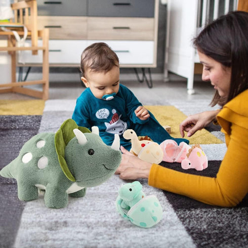 17.6in Plush Dinosaur Stuffed Animals, Mommy Dinosaur with 3 Baby Dinosaurs, Triceratops, T-Rex, Diplodocus