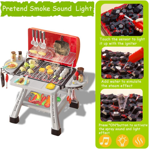 Barbecue Grill Toy Set, Kids BBQ Kitchen Playset with Smoke Sound Light Simulation for Interactive Pretend Play