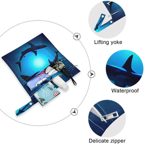 Qilmy 2pcs Sea Shark Wet Dry Bag Waterproof Reusable Baby Cloth Diaper Organizer for Travel, Beach, Stroller, Diapers
