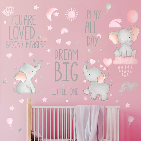 Outus 7 Pcs Dream Big Little One Elephant Nursery Wall Stickers Wall Decor Baby Room Moon Hot Air Balloon Pink Grey