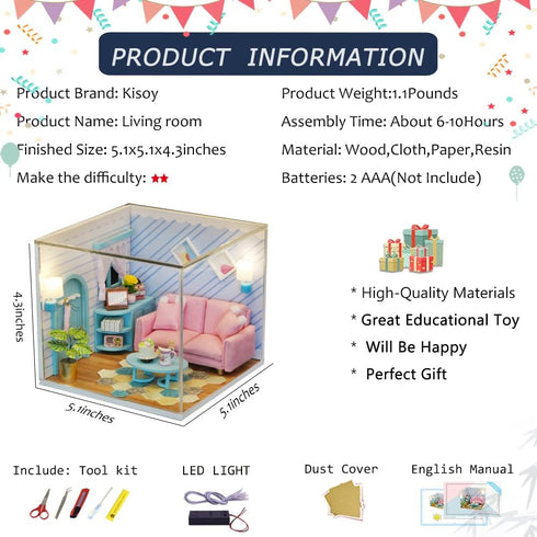 Kisoy Dollhouse Miniature with Furniture Kit - DIY 3D Wooden House Kit, Small Apartment Style with LED, Gift