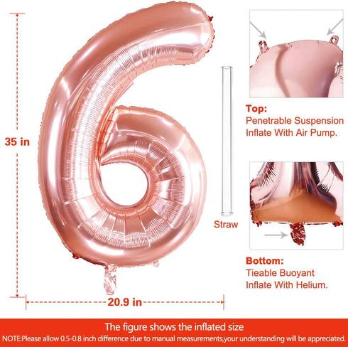 40 Inch Large Rose Gold Number 6 Balloon, Jumbo Mylar Foil Helium Balloons for Birthday Party Decorations