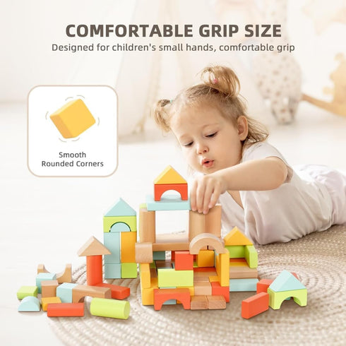 100pcs 1-3, 1 2 3 Pidoko Kids Building Blocks for Toddlers Wooden Blocks for Kids with Storage Bucket and Shape Sorter