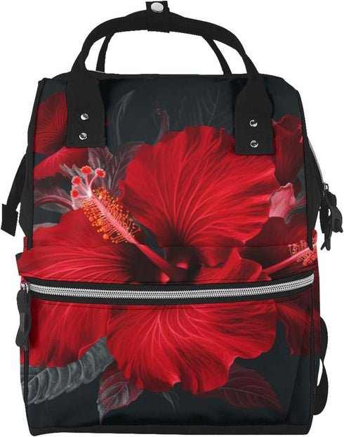 DWVTSLH Red Hibiscus Flowers Diaper Bag Backpack Multifunction Nappy Bags Waterproof Mummy Backpack