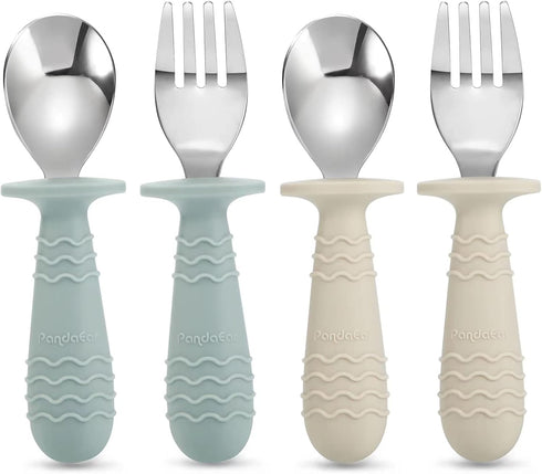 PandaEar 4 Set Baby Toddler Silicone Stainless Steel Utensils, Spoon Fork for Baby Toddler, BPA Free Anti-Choke Design
