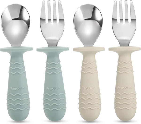 PandaEar 4 Set Baby Toddler Silicone Stainless Steel Utensils, Spoon Fork for Baby Toddler, BPA Free Anti-Choke Design