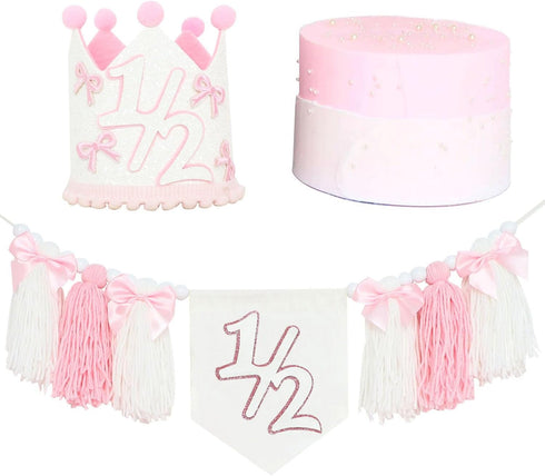 1/2 Birthday High Chair Banner, Half-Year Crown Hat, 6 Months Party Decorations,