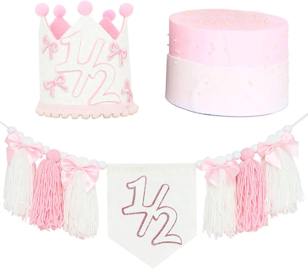 1/2 Birthday High Chair Banner, Half-Year Crown Hat, 6 Months Party Decorations,