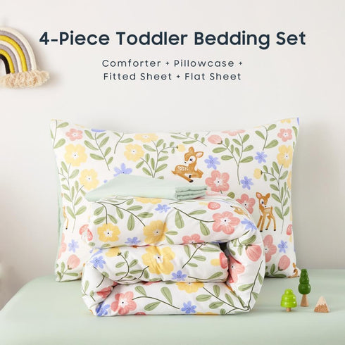 Set 4 Set Wake In Cloud - Floral Toddler Bedding for Girls, Cute Colorful Botanical Flowers with Deers, Pieces Soft