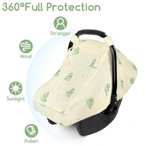 Summer Muslin Baby Car Seat Cover for Boys Girls, Infant Carseat Canopy with Breathable Mesh Peep Window, Lightweight