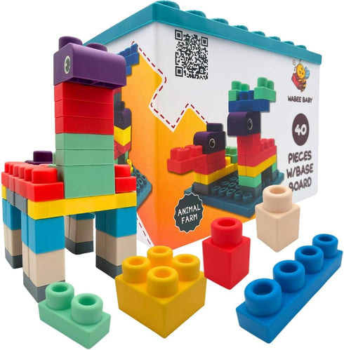 12mo+ Set Soft Rubber Building Blocks with Baseboard - Extra Large Toddler Blocks Ages - Chew-Safe Sensory Stacking