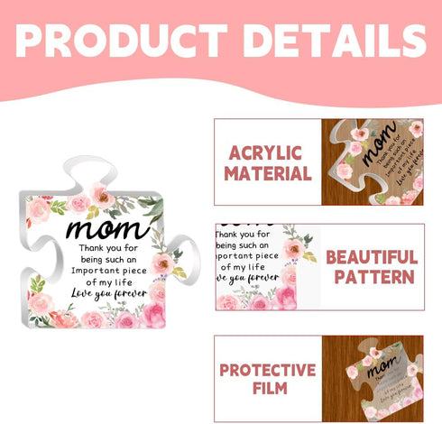 ORIGACH Gifts for Mom - Engraved Acrylic Puzzle Piece 4.7 x 4.7 inch - Personalized Mother's Day Birthday Thanksgiving