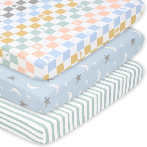 The Peanutshell 3 Pack and Play Mattress Sheets, Celestial Mini Crib Sheets