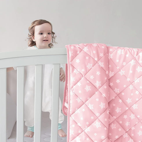 Cozy 39x47 Inches Baby Blanket for Boys and Girls, Soft Toddler Comforter Quilted with Pink Star Print, Ultra Soft Down