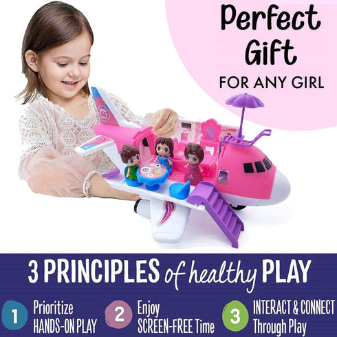Playset Pink Airplane Toy Private Jet Transport Cargo Vehicle - Big Large Aircraft Plane with Figures and Beauty