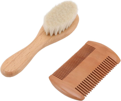 Set Walfront Wooden Baby Hair Brush and Comb Soft Goat Bristle Brush Double Edged Comb for Baby Shower Newborn Hair