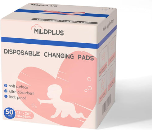 MILDPLUS Disposable Changing Pads Liners 18"x26"(50pcs) Baby Pads, Hot Air Cotton Surface