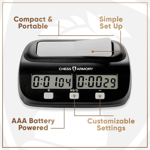 Chess Armory Digital Chess Clock - Portable Timer with Bonus Time and Tournament Features