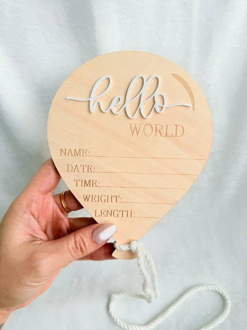 Kemmintvn Wooden Newborn Announcement Ornament, Hello World Balloon Sign with Hanging Rope, Birth Details Wood