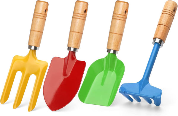 Anzmtosn Kids Metal Garden Tool Set, 4 Pack Sand Toy with Rake, Spade, Hoe, and Leaf Rake for Outdoor Gardening