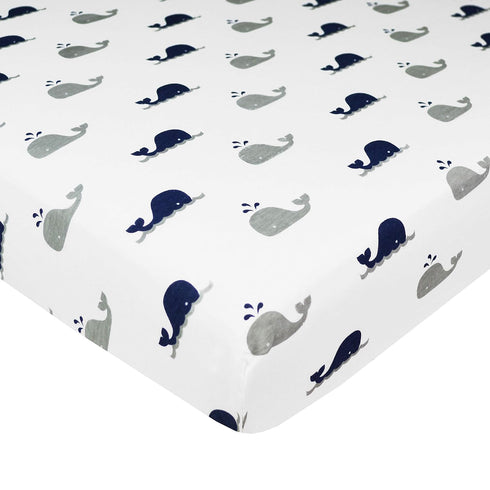 American Baby Company 2 Pack 100% Natural Cotton Fitted Pack and Play Sheets, 39" x 27", Navy Whale/Grey Zigzag