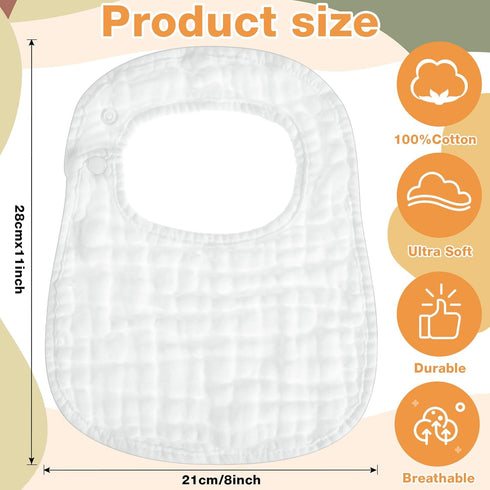30 Pack 6 Reginary White Muslin Bibs Bulk for Boy Girl Muslin Baby Bibs Adjustable Layers Cotton Bandana Soft Absorbent