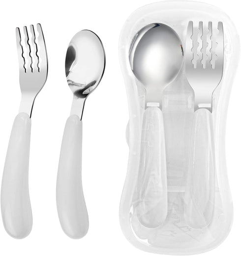 VANRA 2 Pieces Toddler Fork and Spoon Set with Travel Case, 18/8 Stainless Steel Kids Silverware for Lunch Box (White)