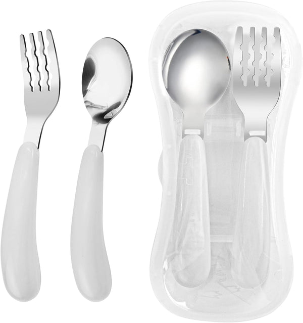 VANRA 2 Pieces Toddler Fork and Spoon Set with Travel Case, 18/8 Stainless Steel Kids Silverware for Lunch Box (White)