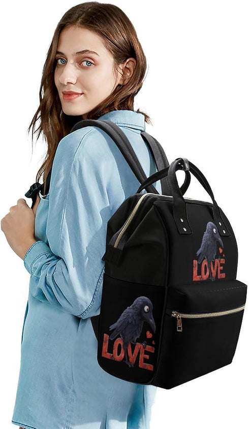 SONGTING Backpack Mommy Daypack Black Crow Love Diaper Bag Travel Waterproof Bag Nappy