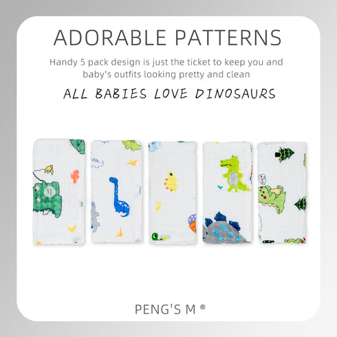 PENG'S M 5 Pack 100% 20x10 Inches Baby Muslin Burp Cloths Dinosaur Burping Rags Super Soft Face Towel Organic Cotton