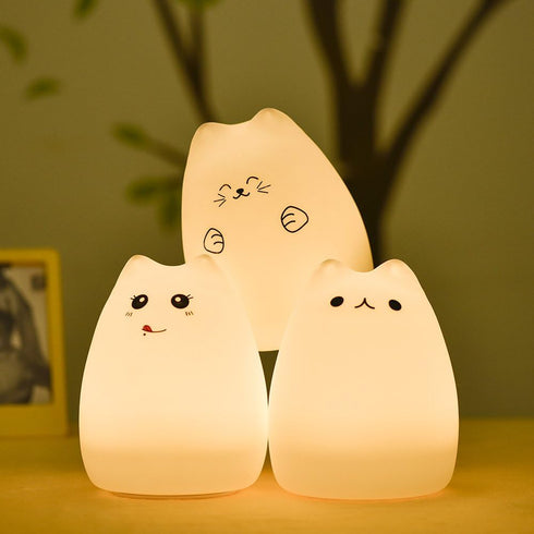 7-Color WoneNice Cute Kitty Night Light, Rechargeable Silicone Cute Lamp with Warm White & Breathing Modes, Touch