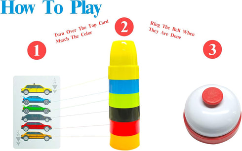 Quick Cups Games for Kids - Speed Cup Game Set with 54 Cards, 24 Cups, and 1 Bell for Family Fun