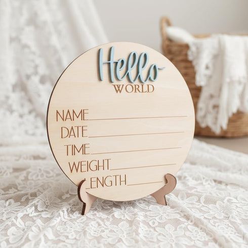 TTMerriwood Hello World Wooden Baby Birth Announcement Sign, Newborn Name Date Time Weight Length Board, Neutral