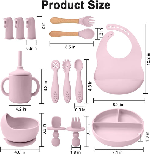 Set 14 6+ LITTLE RAWR Silicone Baby Feeding Pcs,Baby Led Weaning Supplies, Baby Spoons Suction Bowl Divided Plate Bib