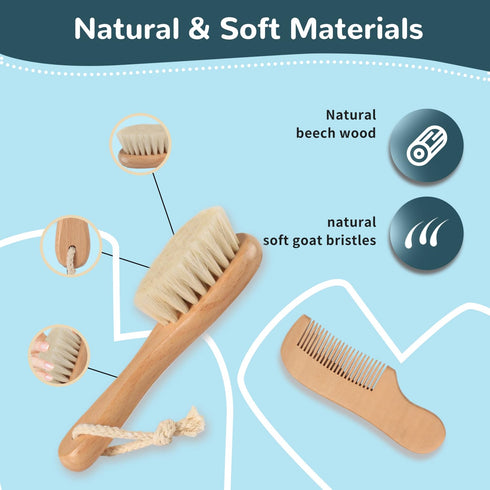 Set, Baby Hair Brush and Comb Wooden Baby Hair brush with Soft Goat Bristle and Wood Comb for Newborn Essentials, Good