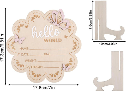 BOXOB 7x6.81in Wooden Baby Announcement Sign, Butterfly Hello World Newborn Sign Baby Name Plaque Board Newborn Welcome