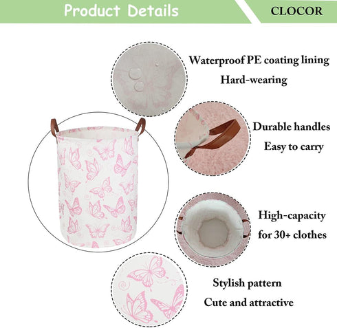 CLOCOR Pink Laundry Basket,Waterproof Nursery Hamper for Baby Girl ,Collapsible Storage Baskets for Girls Bedroom,Kids