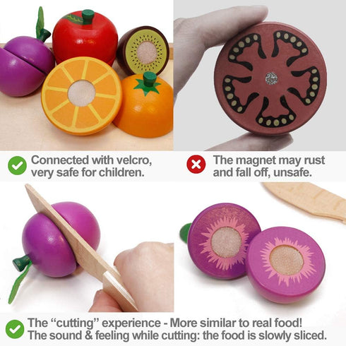 Wooden Play Food for Kids - Kitchen Cutting Fruits and Vegetables for Toddlers, Educational Toys