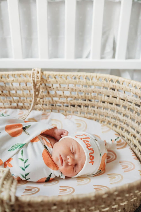 Set Baby Girl Peach Design Swaddle Blanket and Hat with Custom Name Embroidery (Newborn)