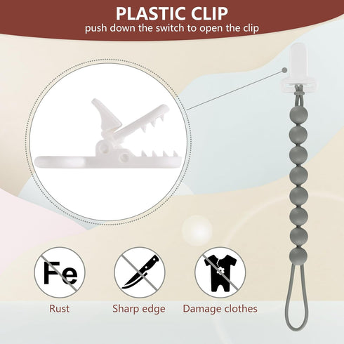 6-Pack Silicone Pacifier Clips for Babies, Safe Teething Beads, Rust-Free Holders, Baby Boy and Girl Essentials