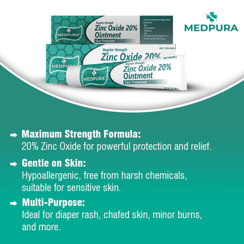 MEDPURA 20% 3 oz, Baby Diaper Rash Cream with Zinc Oxide for Treatment, Relief & Prevention, Hypoallergenic