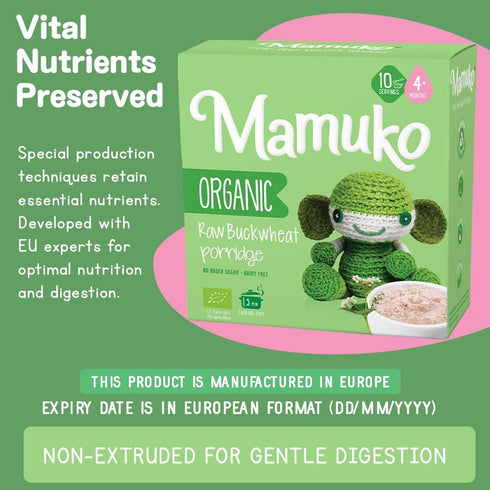 MAMUKO 4+ (200g 10 Organic Raw Buckwheat Porridge - High Fiber Porridge with No Added Sugar, Milk & Preservatives