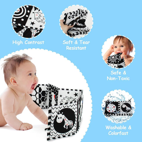 Black and White High Contrast Soft Book for Babies 0-12 Months - Early Education Infant Tummy Time Sensory Toys