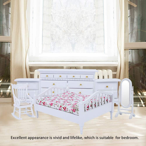 Dolls House Furniture Mini Wooden Queen Bed 6pcs, Miniature Dollhouse Bed 1:12 Cabinet for Doll